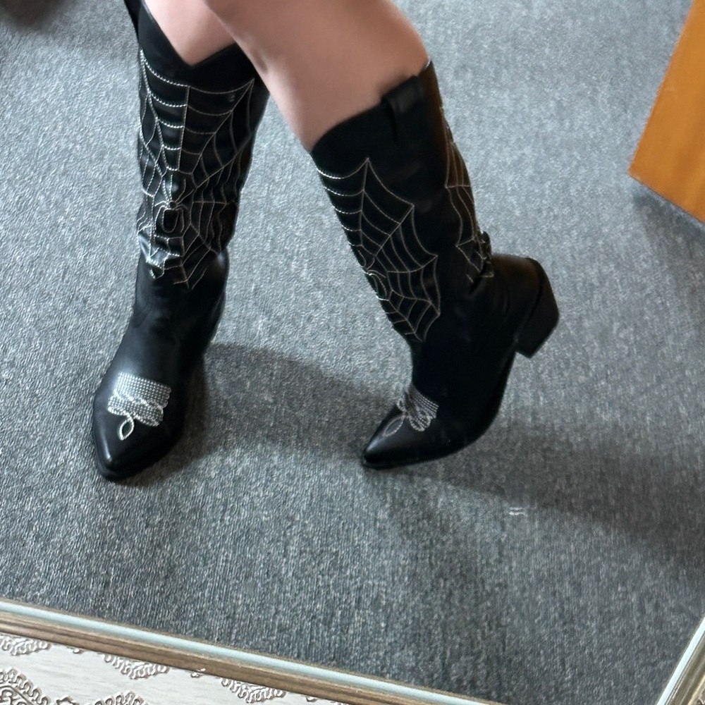 Black Embroidered Spider Web Mid-Calf Cowboy Boots - Picture 3 of 7